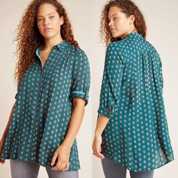 Maeve By Anthropologie Monika Button down Tunic Shirt Top XS Green Longline $128 - Picture 1 of 16
